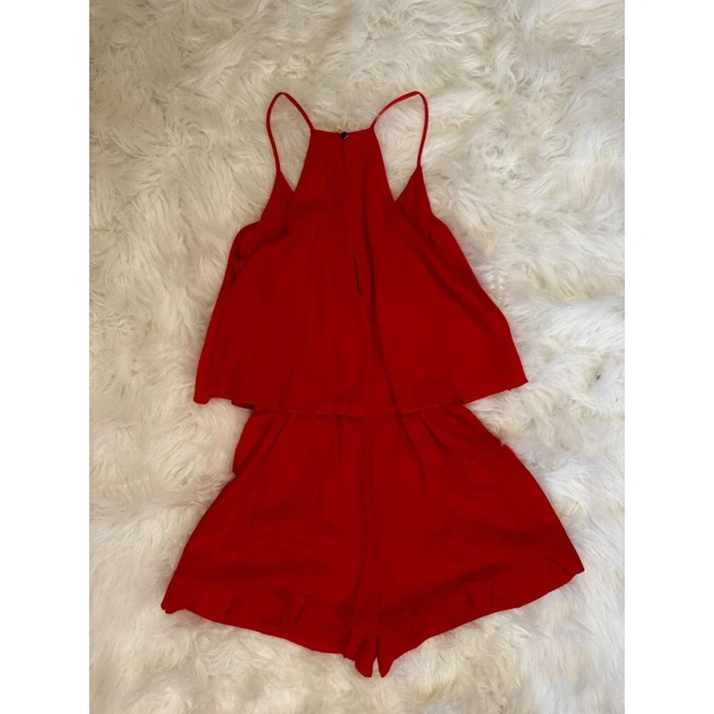 Red Orange Coral Ruffle Romper Small Flowy Layered V-Neck Summer Vacation Outfit - Picture 8 of 12